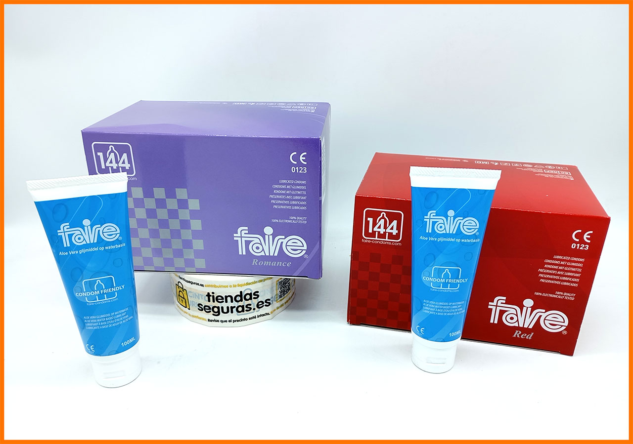 1 Caja Faire Natural 144 Preservativos + 1 Caja Faire Fresa 144 Preservativos + 2 Lubricantes Faire 100ml