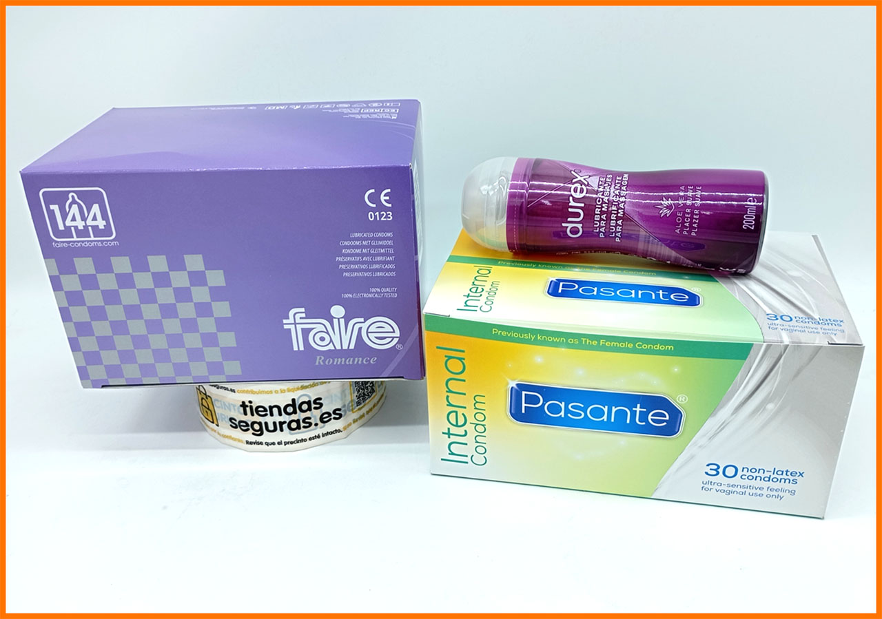 1 Caja Faire Natural 144 Preservativos + 1 Caja Pasante Femenino 30 Preservativos + Lubricante Durex Alove Vera 200ml