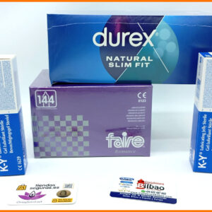 1 Caja FAIRE ROMANCE 144 Preservativos + 1 Caja DUREX Natural Slim Fit 144 Preservativos + 2 Lubricantes K-Y Gel 82 Gr