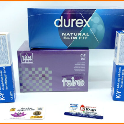 1 Caja FAIRE ROMANCE 144 Preservativos + 1 Caja DUREX Natural Slim Fit 144 Preservativos + 2 Lubricantes K-Y Gel 82 Gr