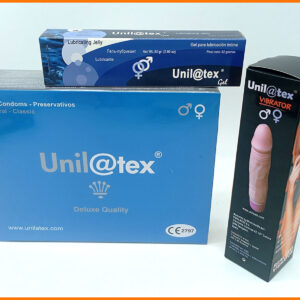 1 Caja UNILATEX Natural 144 Preservativos + 1 Lubricante Unilatex 82gr + 1 Consolador-Vibrador Unilatex
