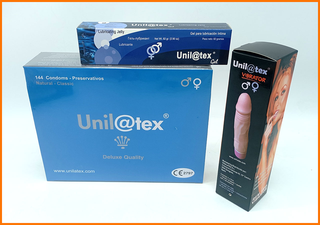 1 Caja UNILATEX Natural 144 Preservativos + 1 Lubricante Unilatex 82gr + 1 Consolador-Vibrador Unilatex