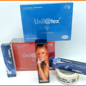 1 Caja UNILATEX Natural 144 Preservativos + 1 Caja UNILATEX Fresa 144 Preservativos + 2 Lubricantes 82gr Unilatex + 1 Consolador-Vibrador Unilatex
