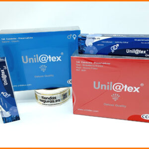 1 Caja UNILATEX Natural 144 Preservativos + 1 Caja Unilatex Fresa 144 Preservativos + 2 Lubricantes Unilatex 82gr